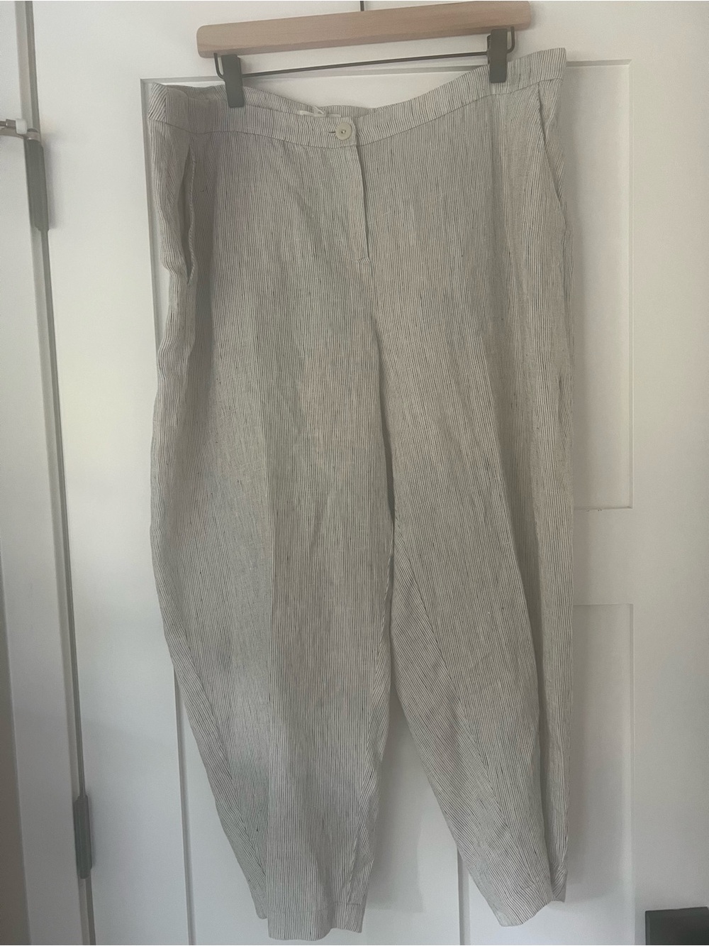 EILEEN FISHER | Organic Linen Pinstripe Ankle Pants L Relaxed High Rise